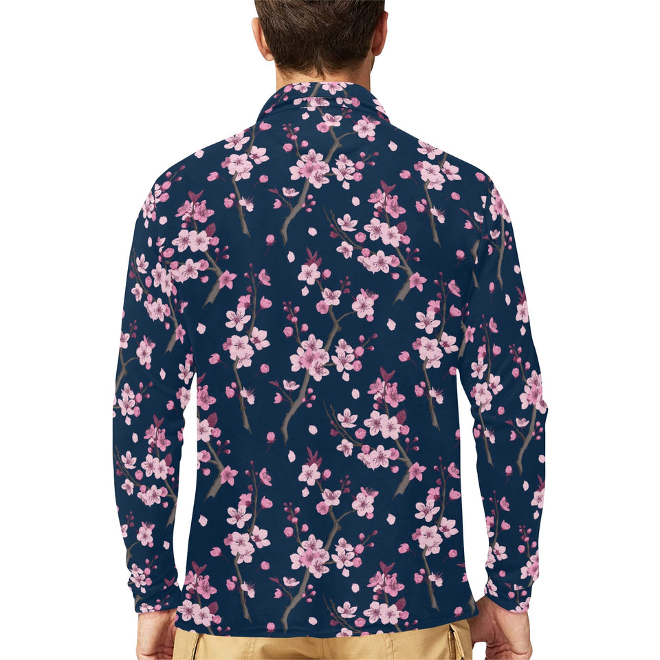 Pink sakura cherry blossom blue background Men's Long Sleeve Polo Shirt