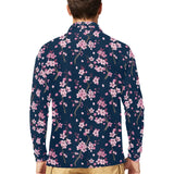 Pink sakura cherry blossom blue background Men's Long Sleeve Polo Shirt