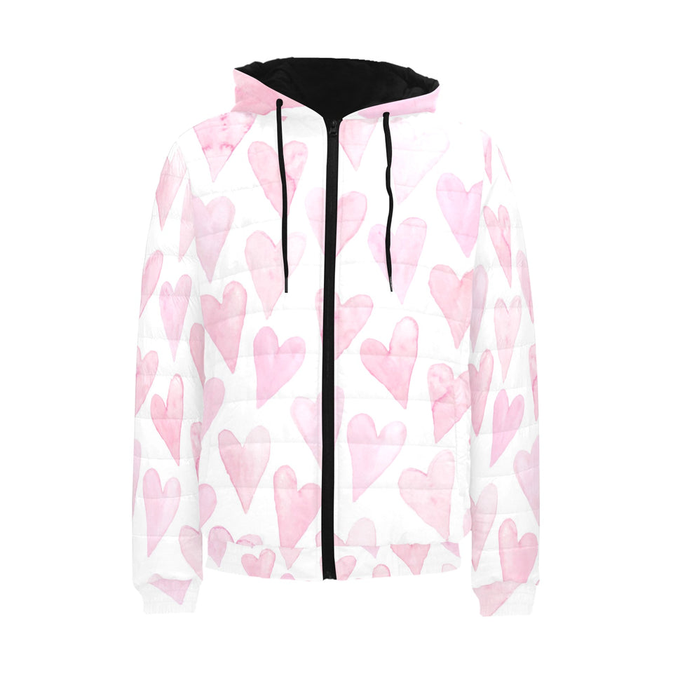 Watercolor pink heart pattern Men's Padded Hooded Jacket