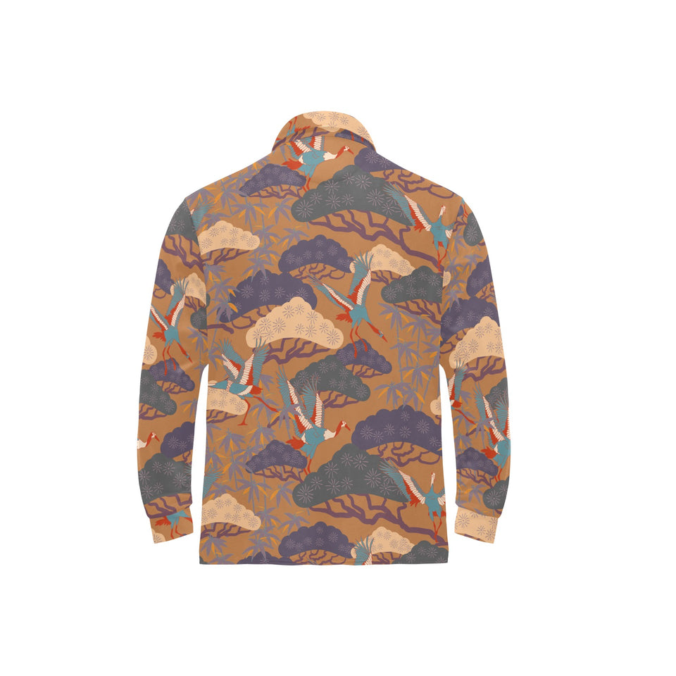 Bonsai bamboo stork japanese pattern brown theme Men's Long Sleeve Polo Shirt