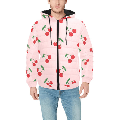 cherry pattern pink background Men's Padded Hooded Jacket