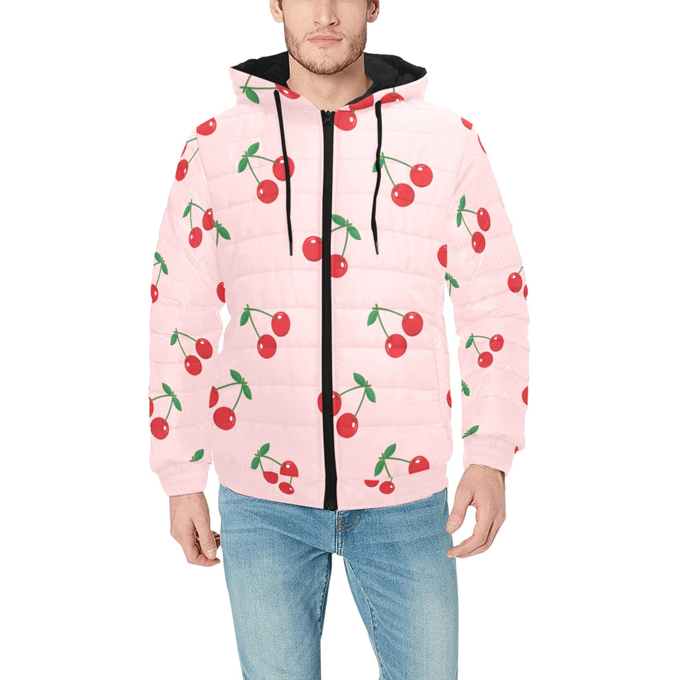 cherry pattern pink background Men's Padded Hooded Jacket