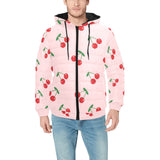 cherry pattern pink background Men's Padded Hooded Jacket