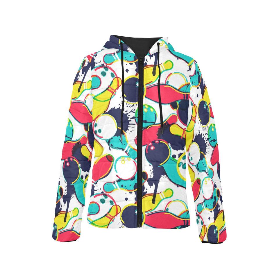 watercolor bowling ball pins Women's Padded Hooded Jacket