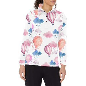 Watercolor air balloon cloud pattern Women's Long Sleeve Polo Shirt