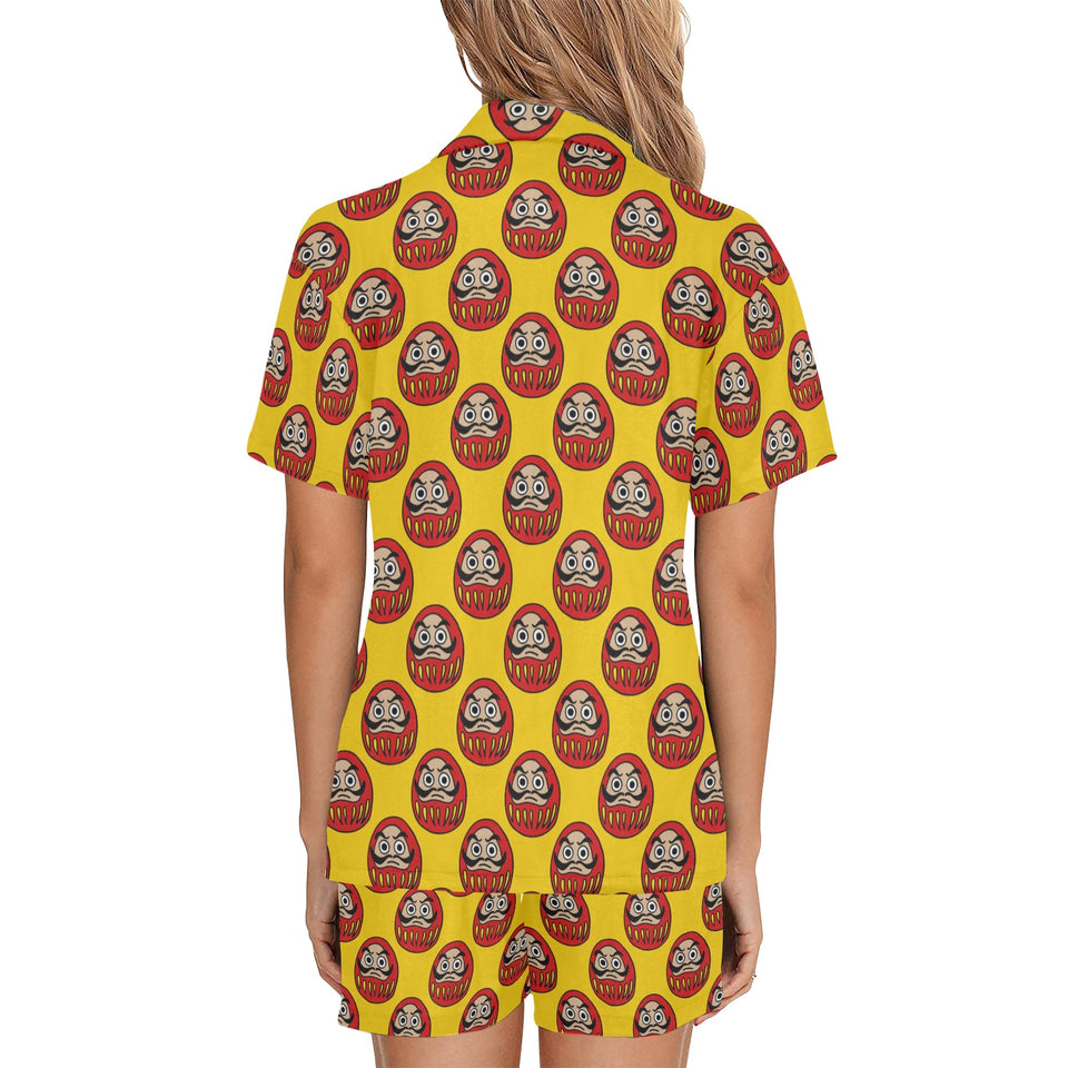 Daruma japanese wooden doll yellow background Women's V-Neck Short Pajama Set