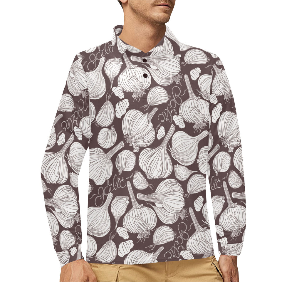 Garlic bulb dark background Men's Long Sleeve Polo Shirt