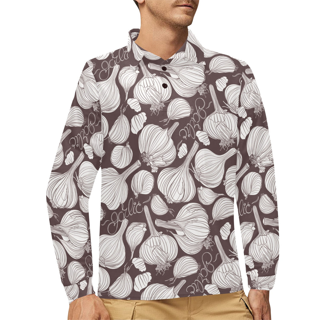 Garlic bulb dark background Men's Long Sleeve Polo Shirt