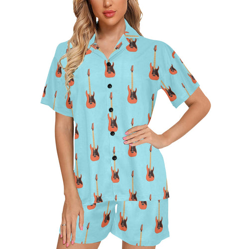 electric guitar pattern light blue background Women's V-Neck Short Pajama Set