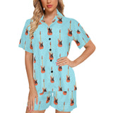 electric guitar pattern light blue background Women's V-Neck Short Pajama Set