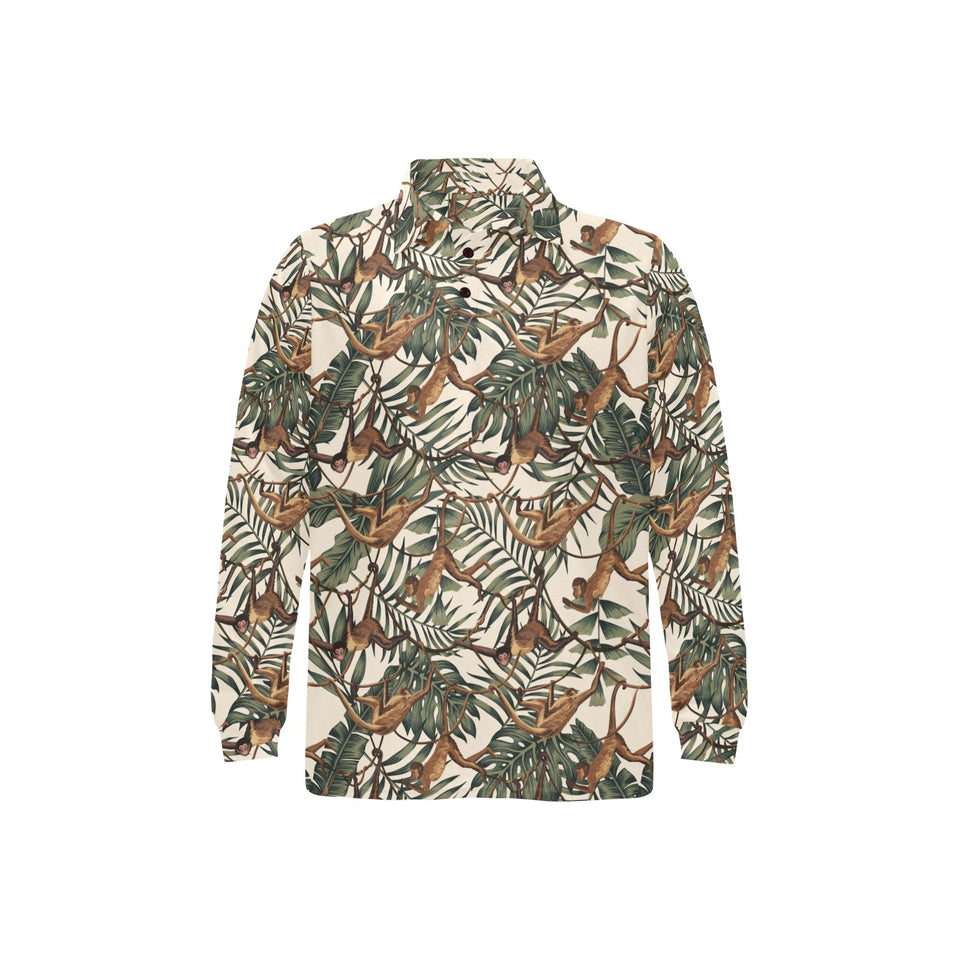 Monkey tropical leaves background Men's Long Sleeve Polo Shirt