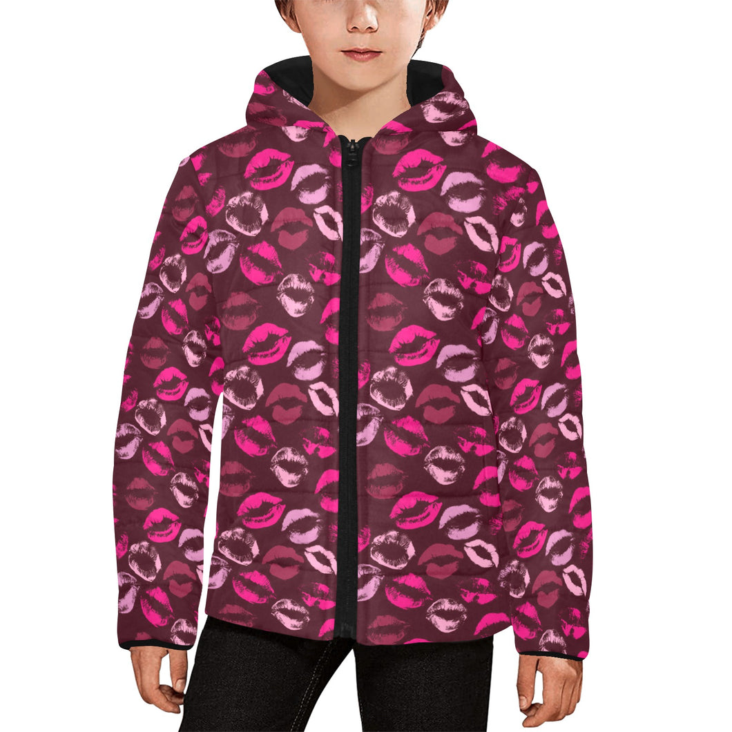 Lips Pattern Print Design 03 Kids' Boys' Girls' Padded Hooded Jacket
