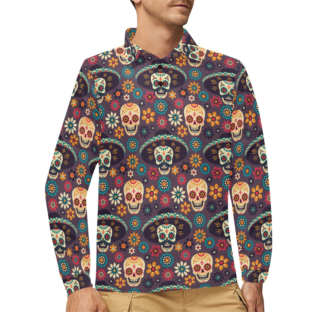 Sugar skulls flower maxican pattern Men's Long Sleeve Polo Shirt
