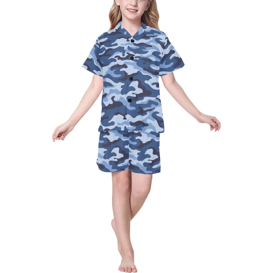 Blue camouflage pattern Kids' Boys' Girls' V-Neck Short Pajama Set