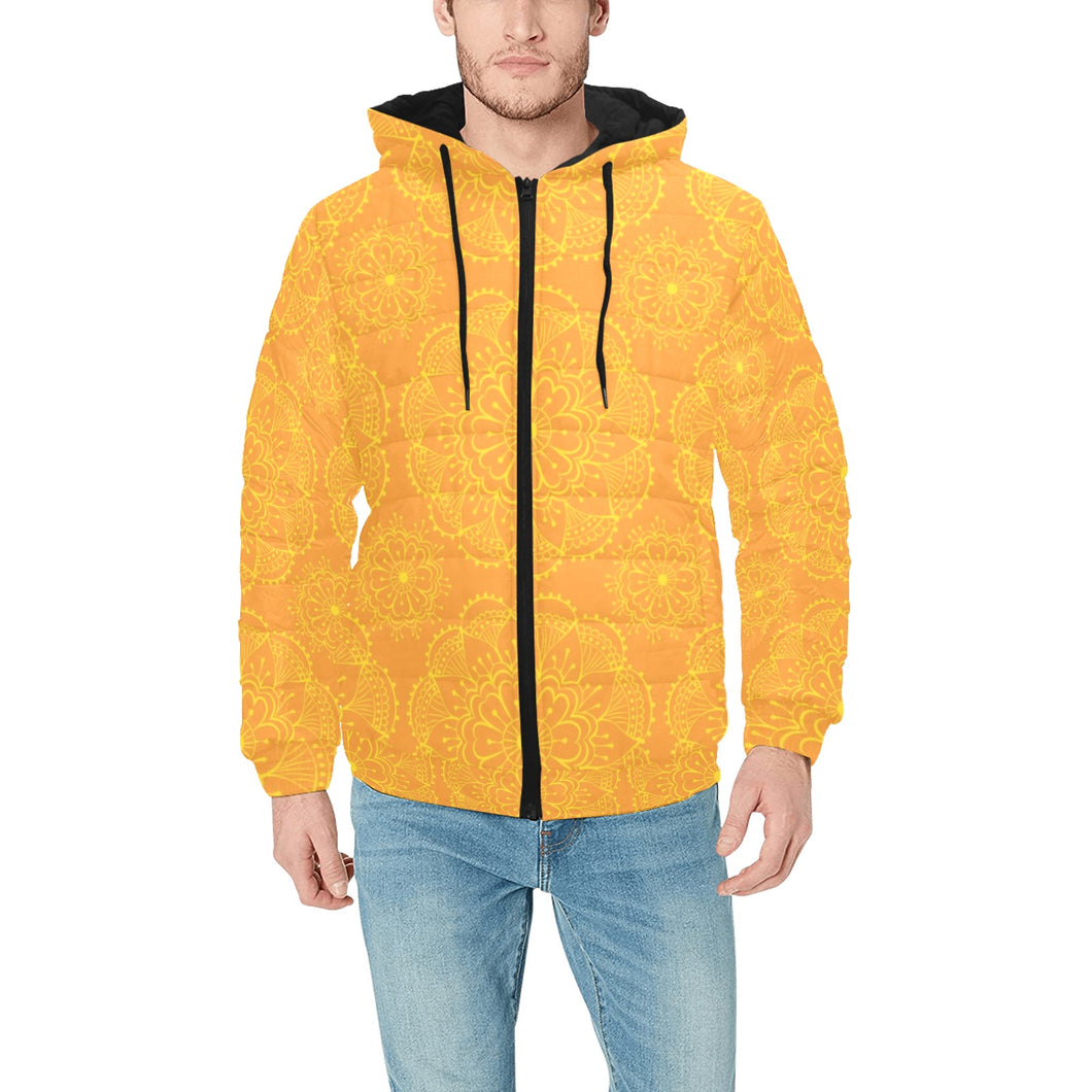 Orange traditional indian element pattern Men's Padded Hooded Jacket