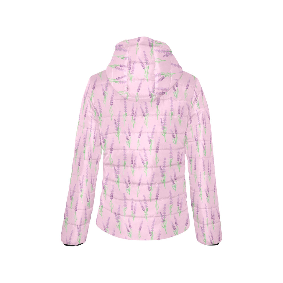 Lavender pattern pink background Women's Padded Hooded Jacket