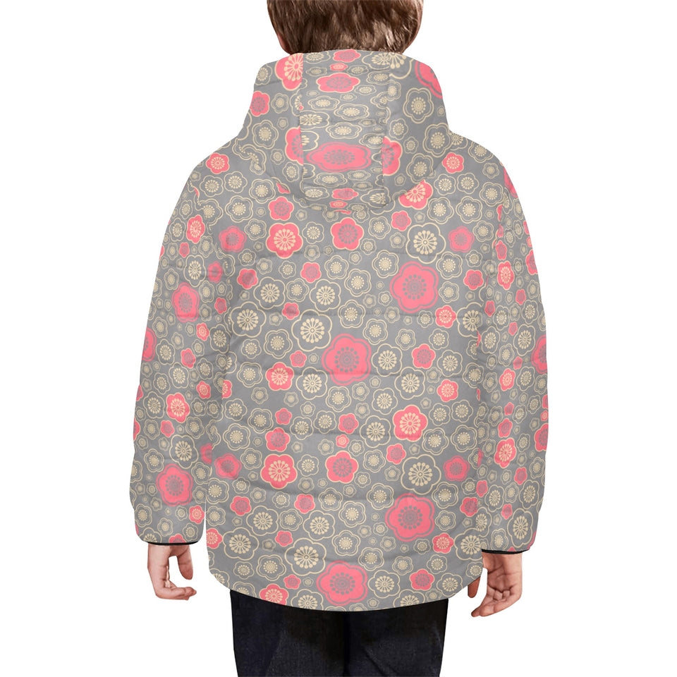 Red gold Sakura cherry blossom gray background Kids' Boys' Girls' Padded Hooded Jacket