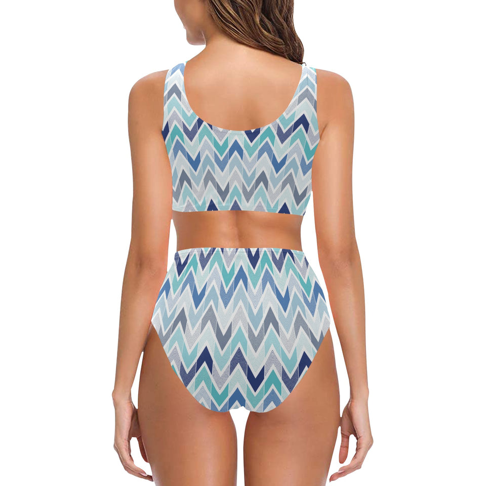 zigzag chevron blue pattern Chest Bowknot High Waisted Bikini Swimsuit
