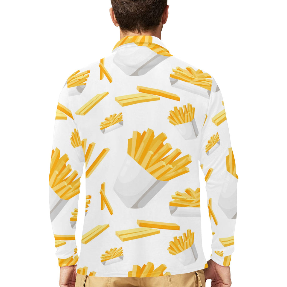 French fries white paper box pattern Men's Long Sleeve Polo Shirt