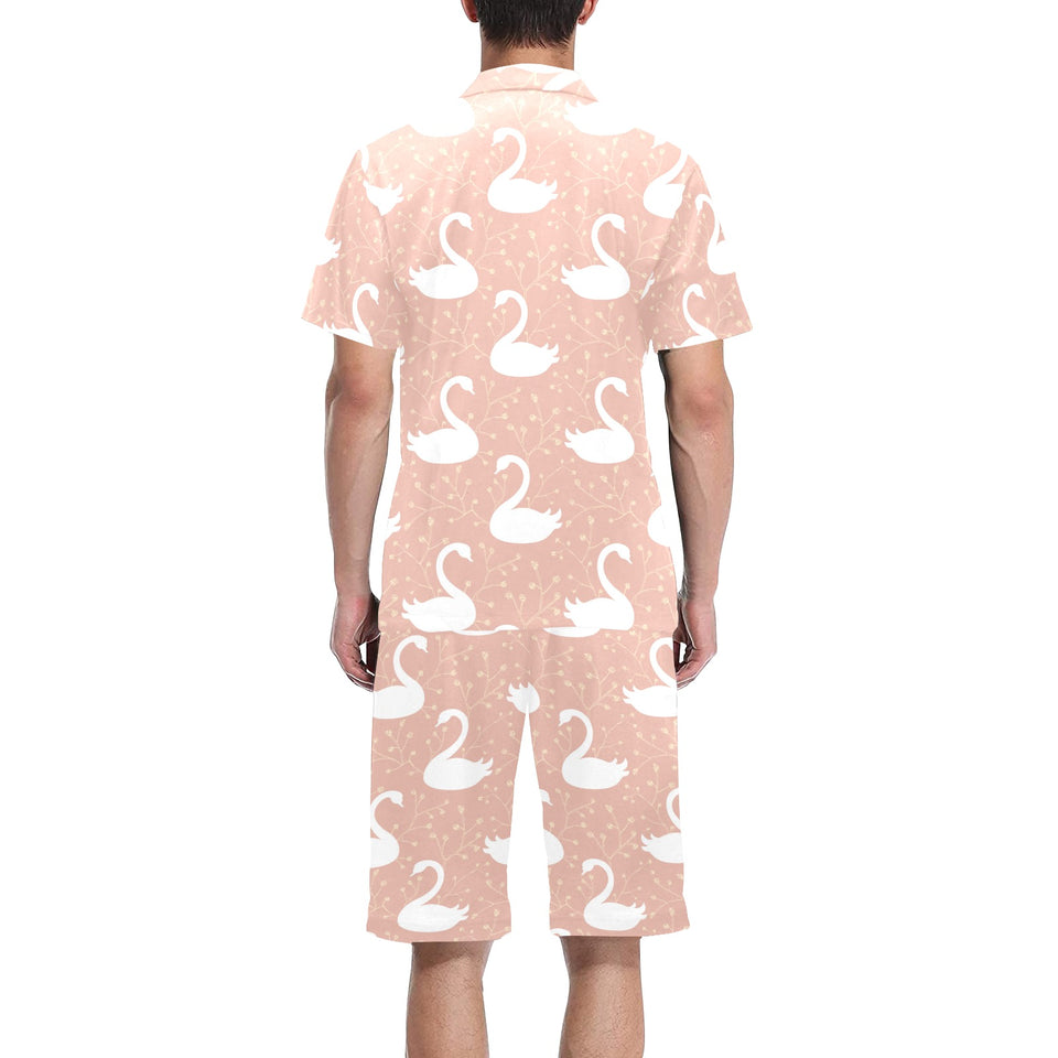 Swan flower light pink background Men's V-Neck Short Pajama Set