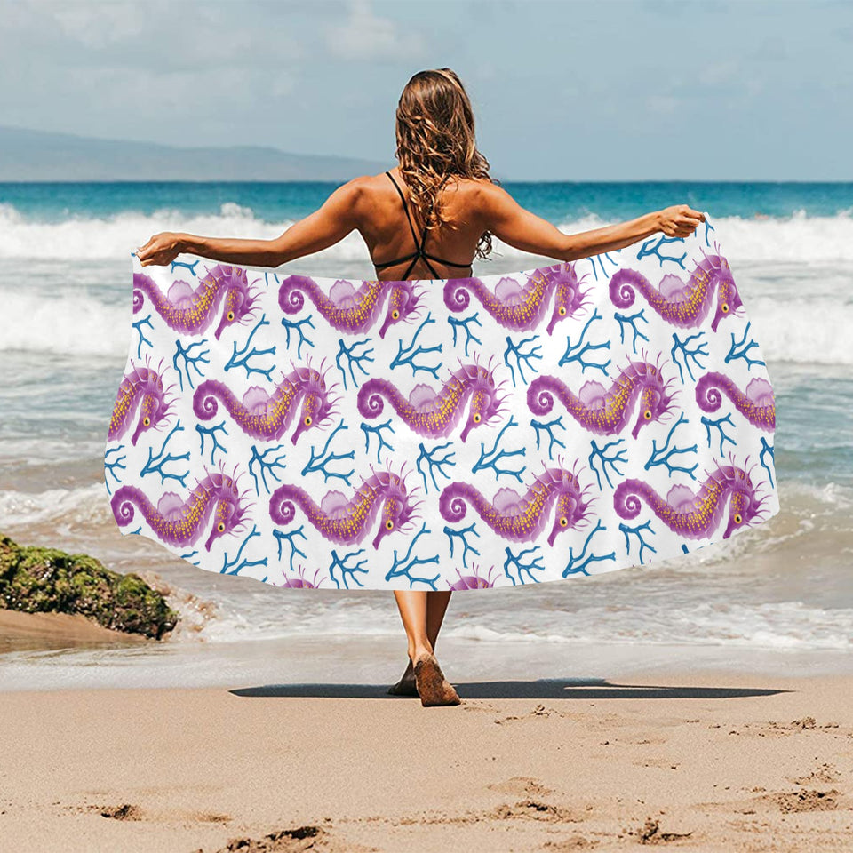 Purple seahorse blue coral pattern Beach Towel