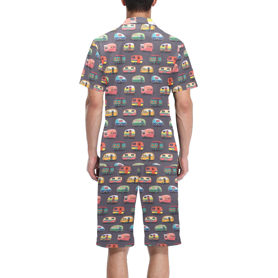 Camper Van Pattern Print Design 02 Men's V-Neck Short Pajama Set