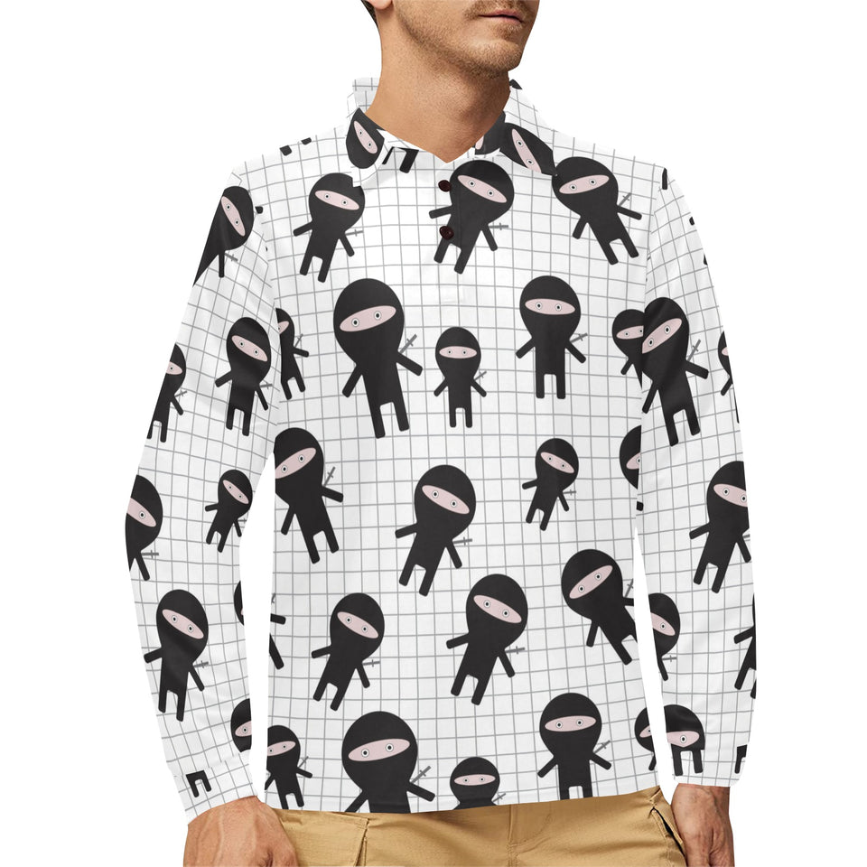 Ninja pattern plaid background Men's Long Sleeve Polo Shirt