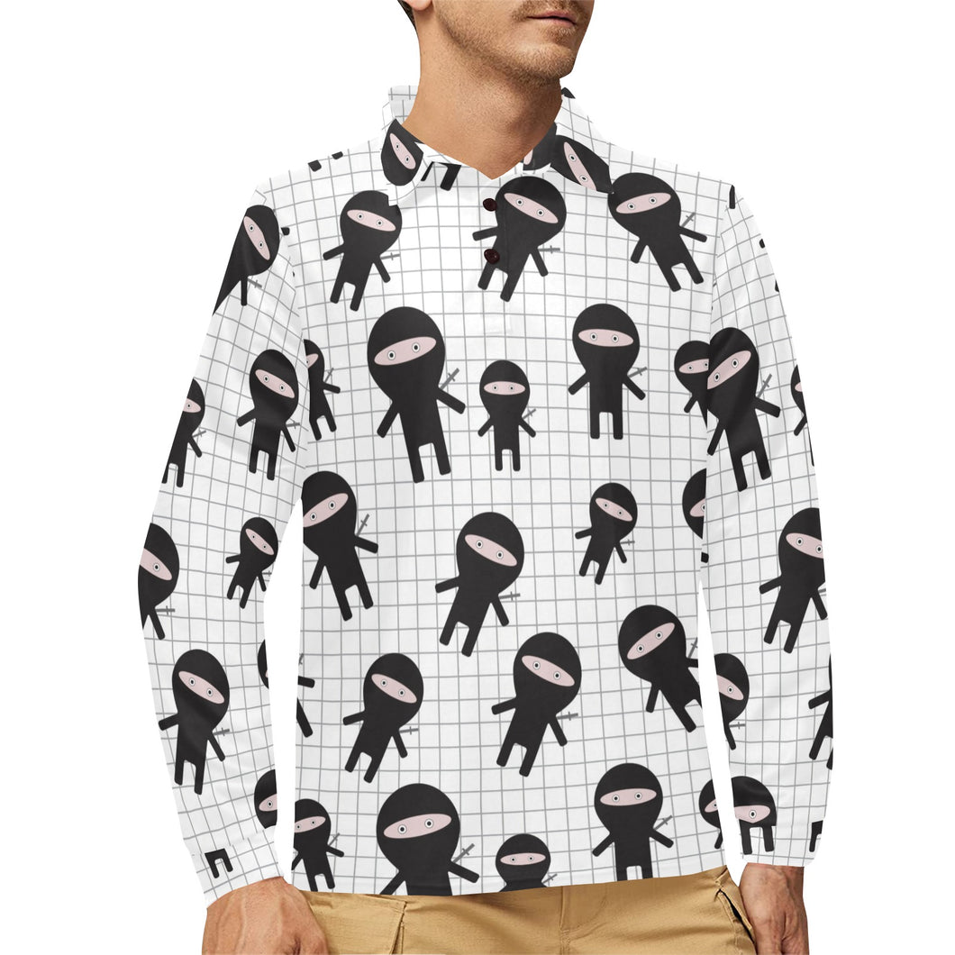 Ninja pattern plaid background Men's Long Sleeve Polo Shirt