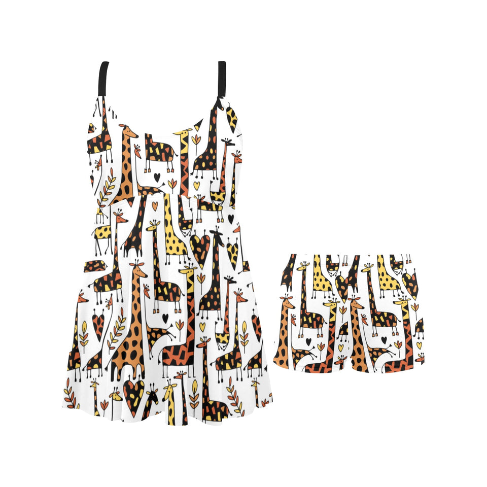 Giraffe Pattern Print Design 05 Chest Sexy Pleated Two Piece Swim Dress