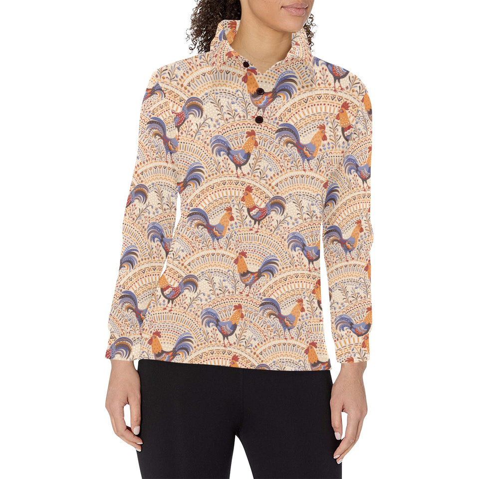 Cute rooster chicken cock floral ornament backgrou Women's Long Sleeve Polo Shirt