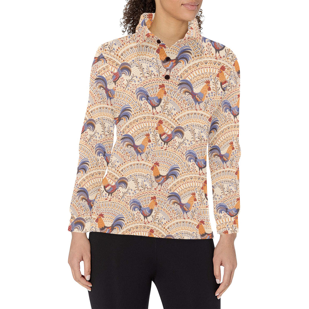 Cute rooster chicken cock floral ornament backgrou Women's Long Sleeve Polo Shirt