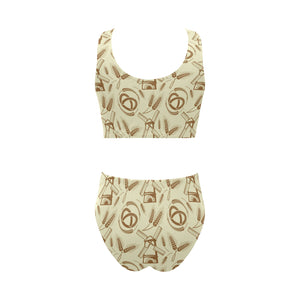 Windmill Wheat pattern Chest Bowknot High Waisted Bikini Swimsuit