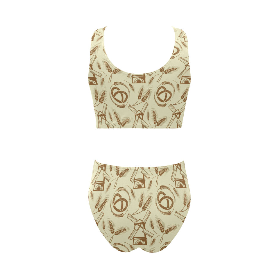 Windmill Wheat pattern Chest Bowknot High Waisted Bikini Swimsuit