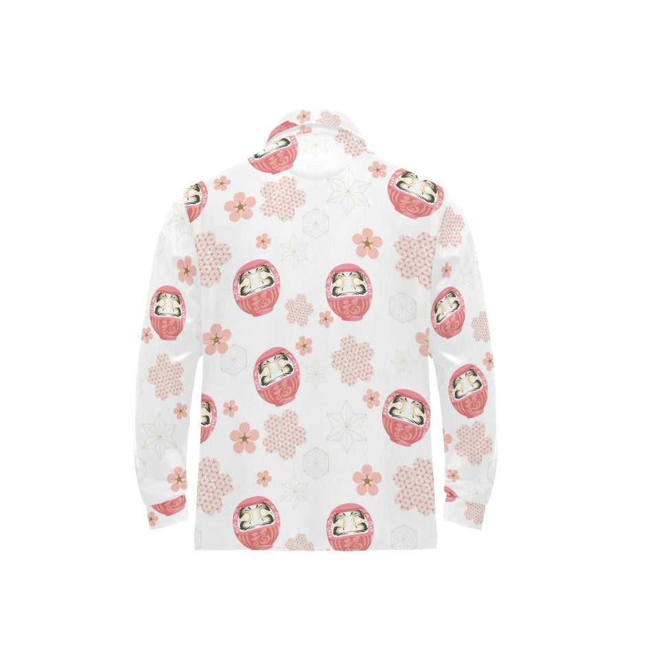 Daruma japanese wooden doll cherry blossom flower Men's Long Sleeve Polo Shirt