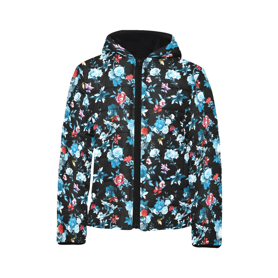 Skull flower roses leave pattern Kids' Boys' Girls' Padded Hooded Jacket