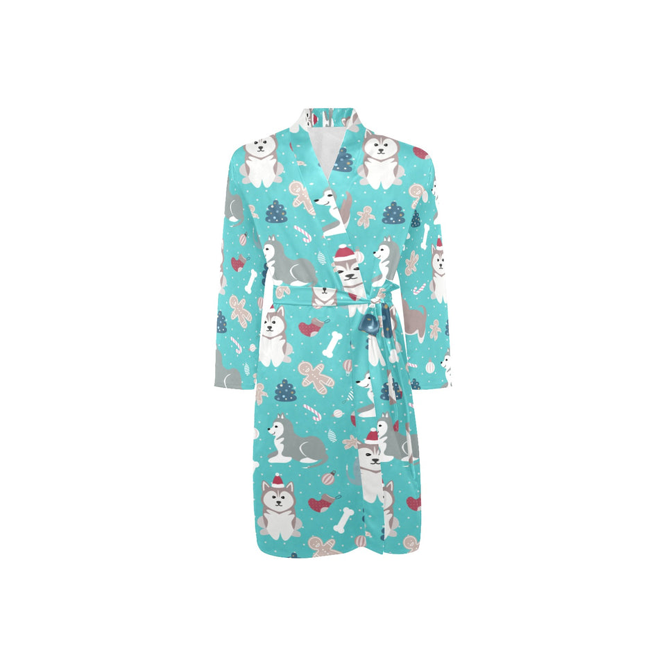 Christmas cute siberian husky puppie pattern Men's Long Sleeve Belted Night Robe