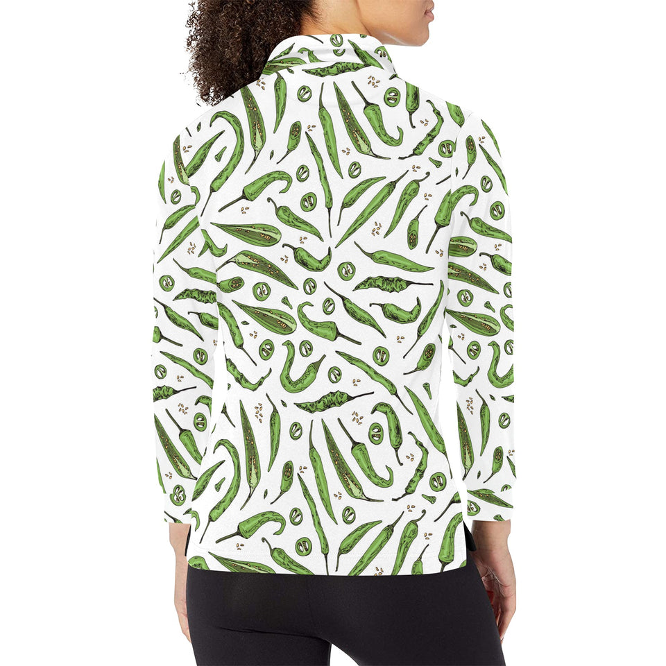 Hand drawn sketch style green Chili peppers patter Women's Long Sleeve Polo Shirt