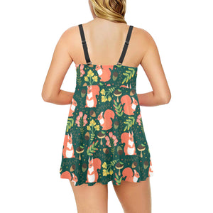Squirrel Pattern Print Design 03 Chest Sexy Pleated Two Piece Swim Dress