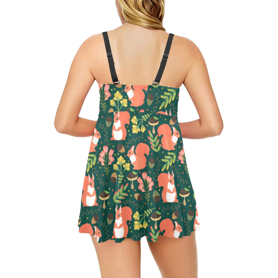 Squirrel Pattern Print Design 03 Chest Sexy Pleated Two Piece Swim Dress