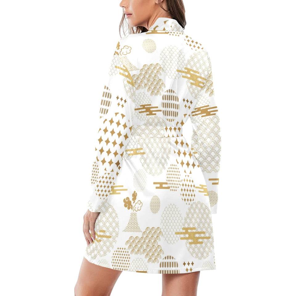 Beautiful gold japanese pattern Women's Long Sleeve Belted Night Robe