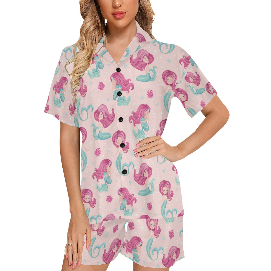 Cute little mermaid pattern Women's V-Neck Short Pajama Set