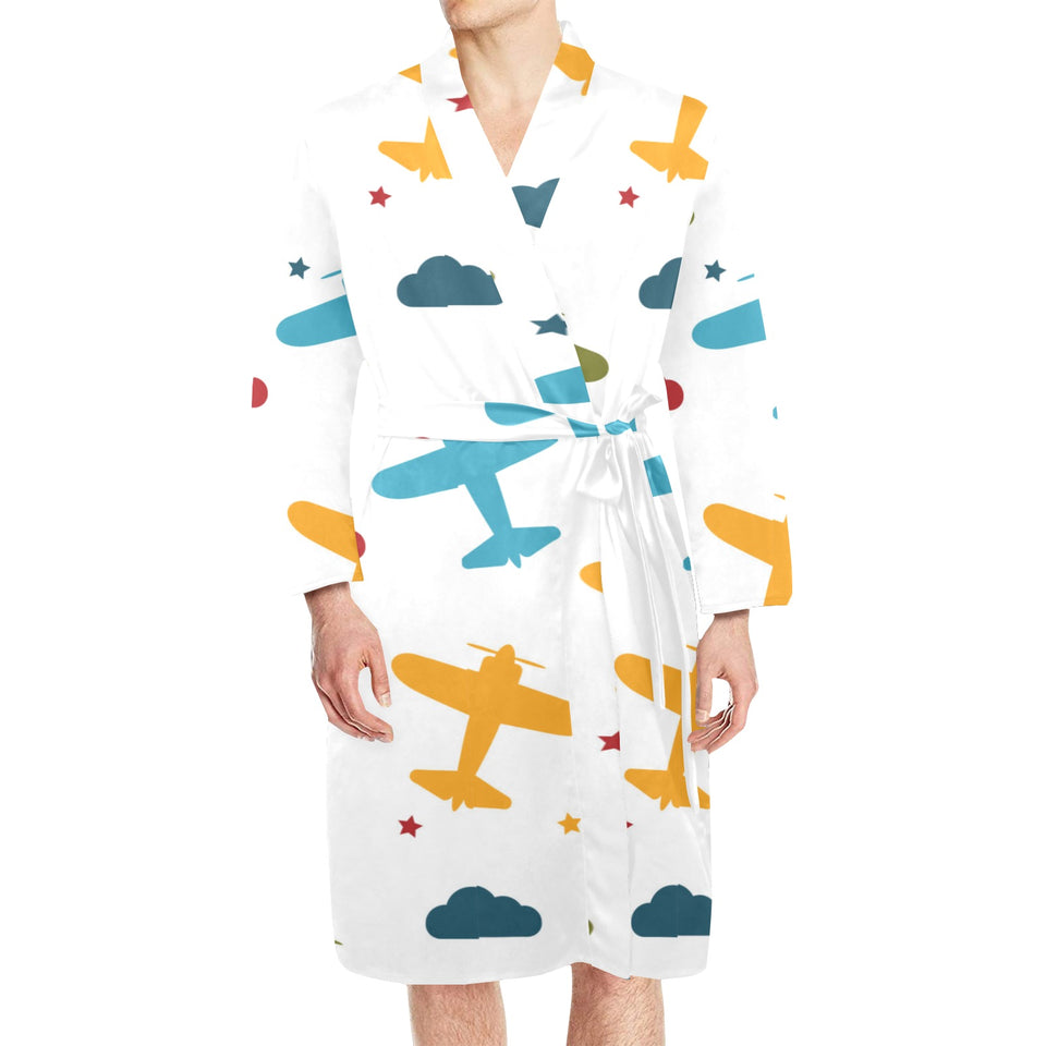 Airplane star cloud colorful Men's Long Sleeve Belted Night Robe