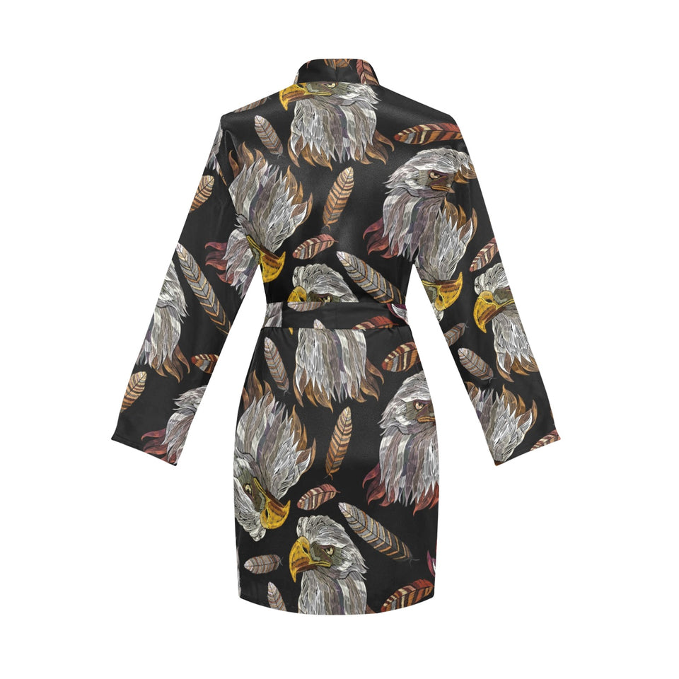 Eagle Pattern Print Design 05 Women's Long Sleeve Belted Night Robe