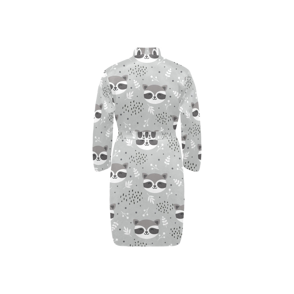 Cute raccoons leaves dot Men's Long Sleeve Belted Night Robe