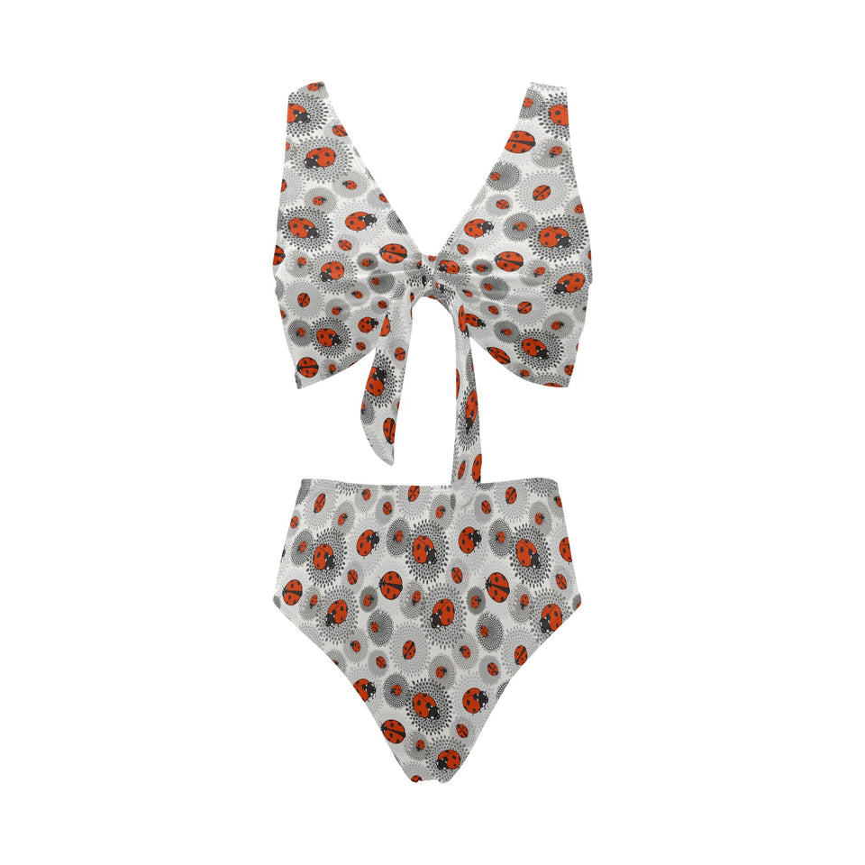 Ladybug Pattern Print Design 05 Chest Bowknot High Waisted Bikini Swimsuit