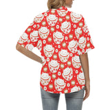 Cute Maneki neko cat red background Women's All Over Print Hawaiian Shirt
