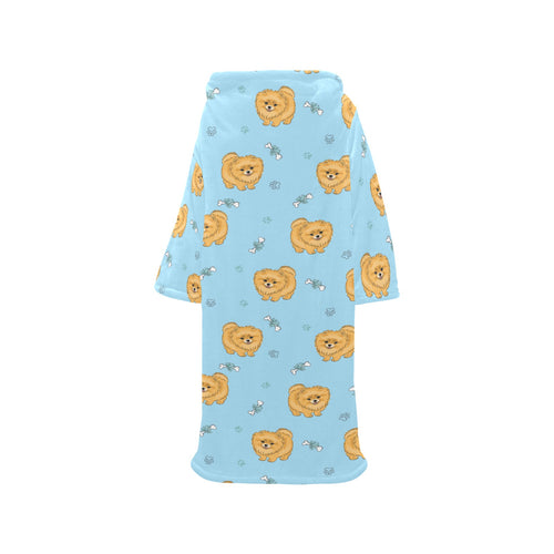 Brown cute pomeranian blue blackground Blanket Robe with Sleeves