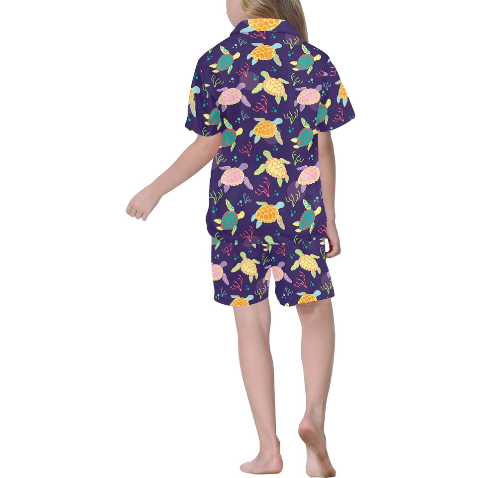 Colorful sea turtle pattern Kids' Boys' Girls' V-Neck Short Pajama Set