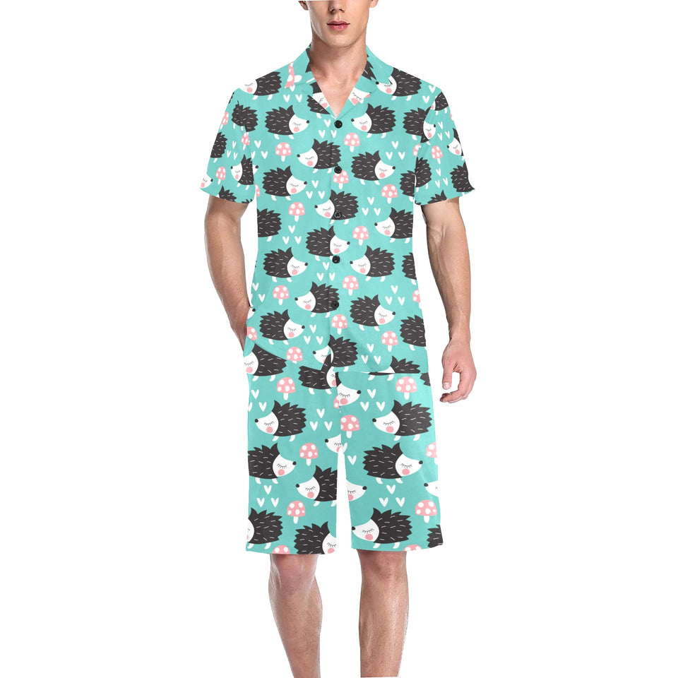 Hedgehog Pattern Print Design 03 Men's V-Neck Short Pajama Set