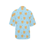 Brown cute pomeranian blue blackground Women's All Over Print Hawaiian Shirt